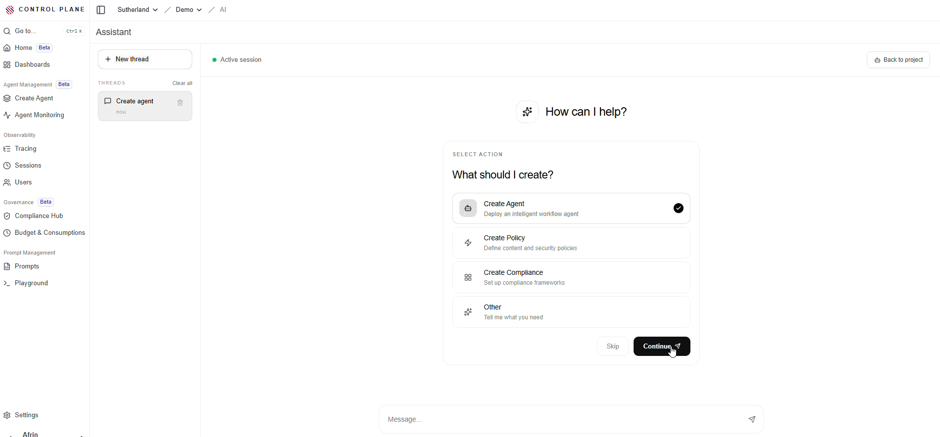 Create Agent workflow demonstration